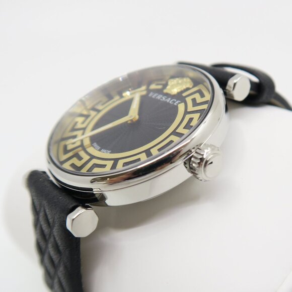 Versace VE1CA0123 Greca Black & Gold 35mm. Swiss Quartz New Ladies Watch.